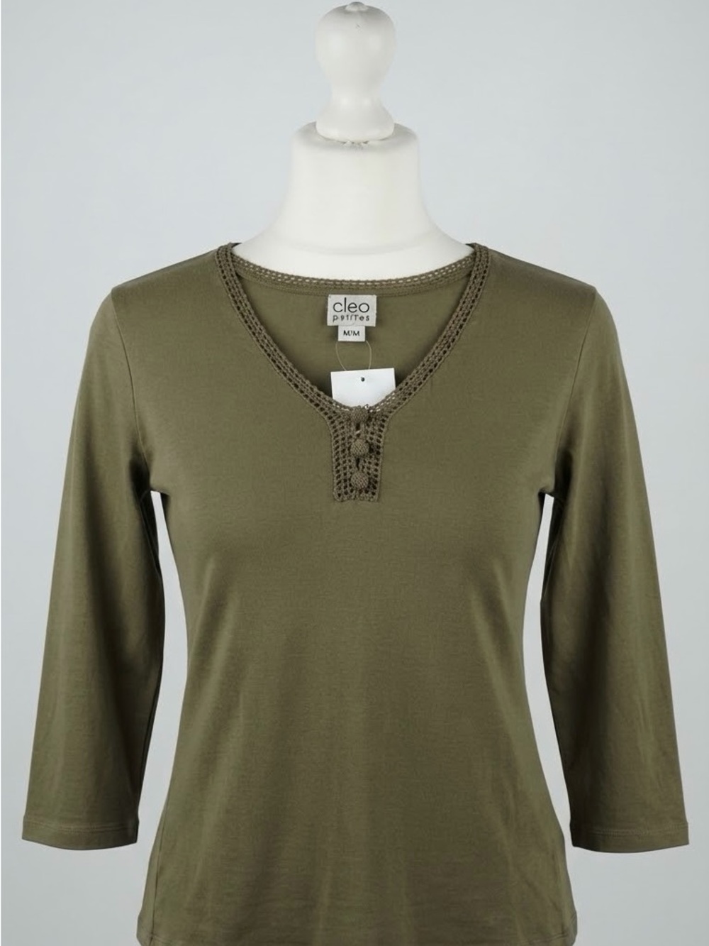 Cleo’s Olive Crochet-Trim V-Neck Women's Top